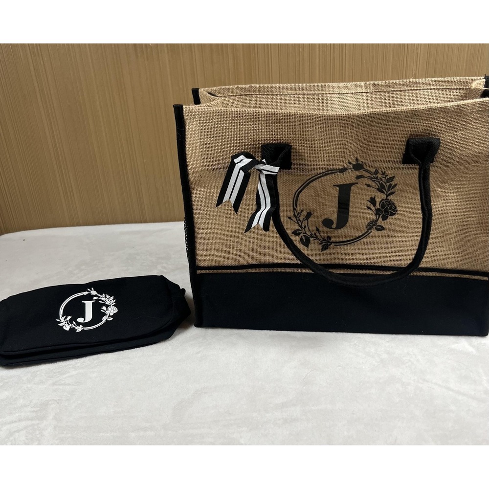 Initial J Jute Tote Bag Set Black‎ Cosmetic Pouch Monogram Floral Wreath